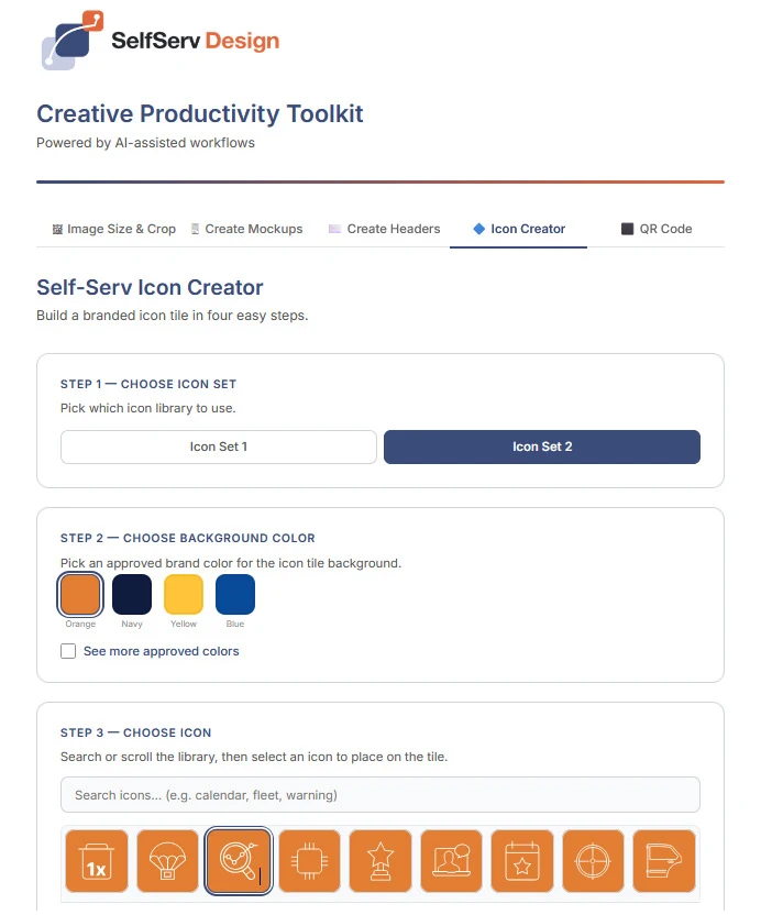 Icon selection and customization workspace