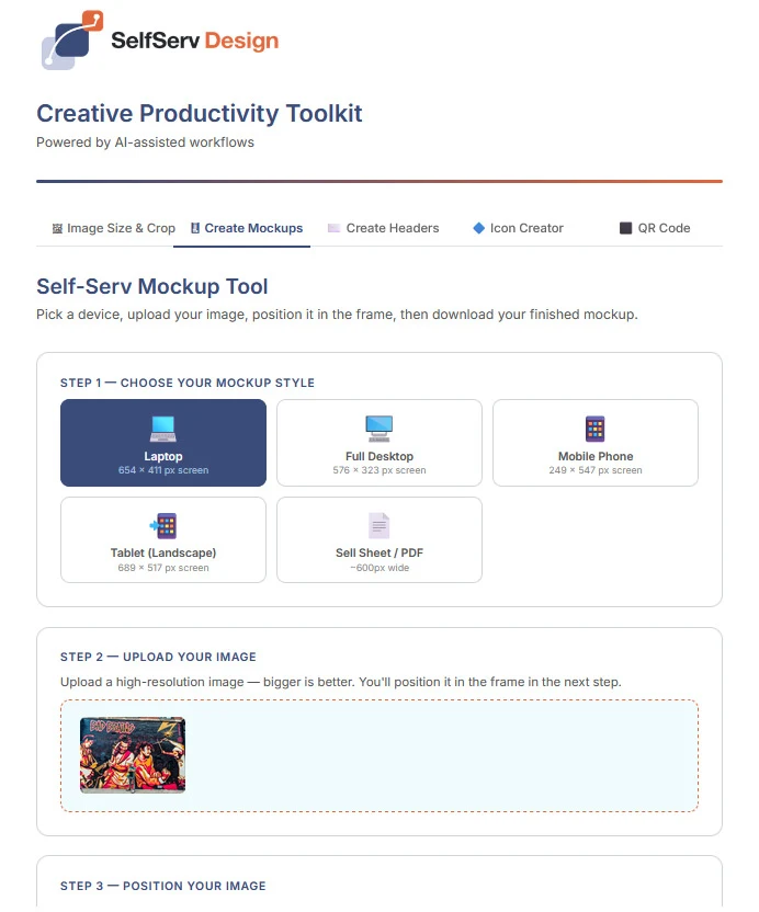 SelfServ Design mockup tool showing device choices and image positioning controls